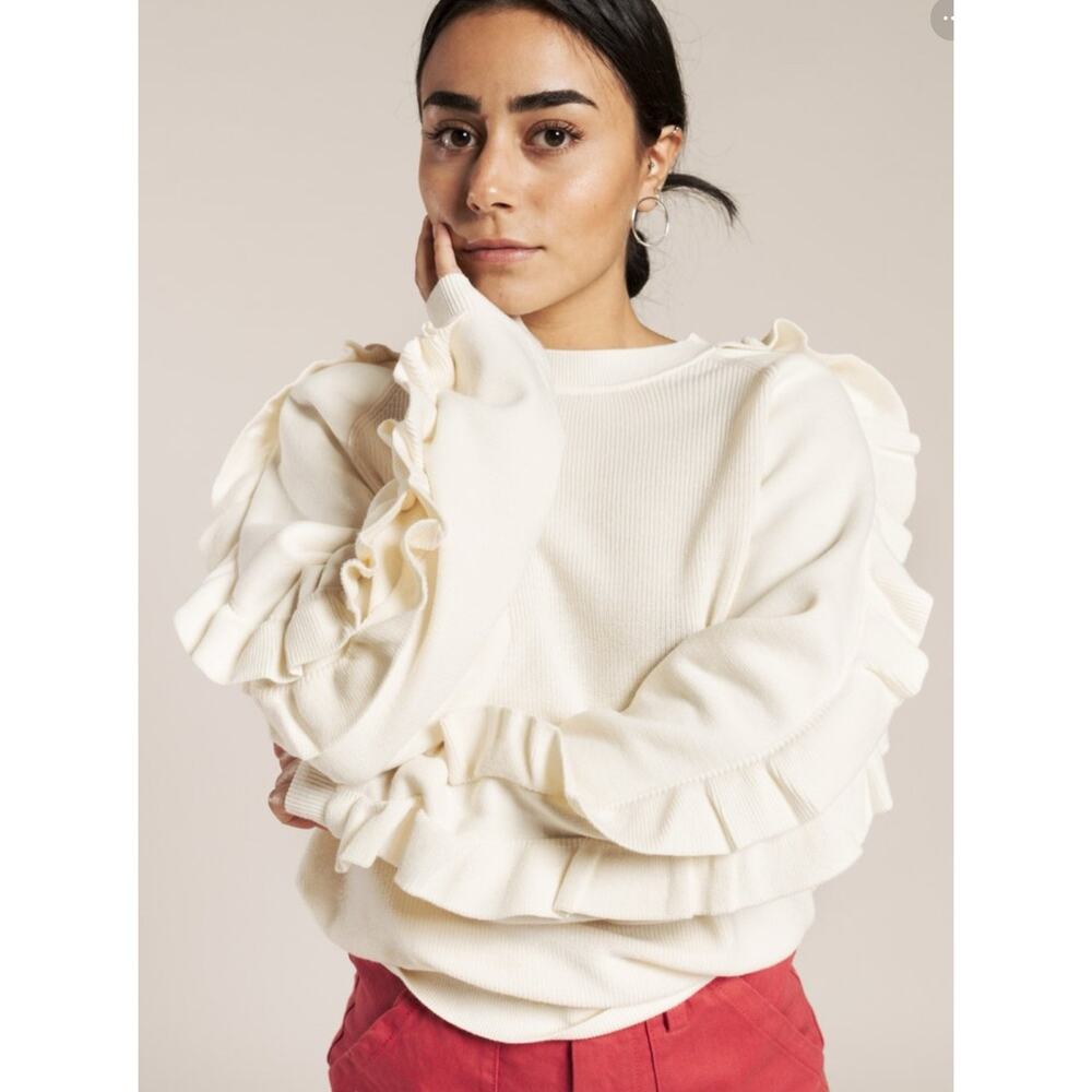 Ba&sh Ciel Fine Gauge Ribbed Knit Double Ruffle Sleeve Ivory Cream Sweater S 6